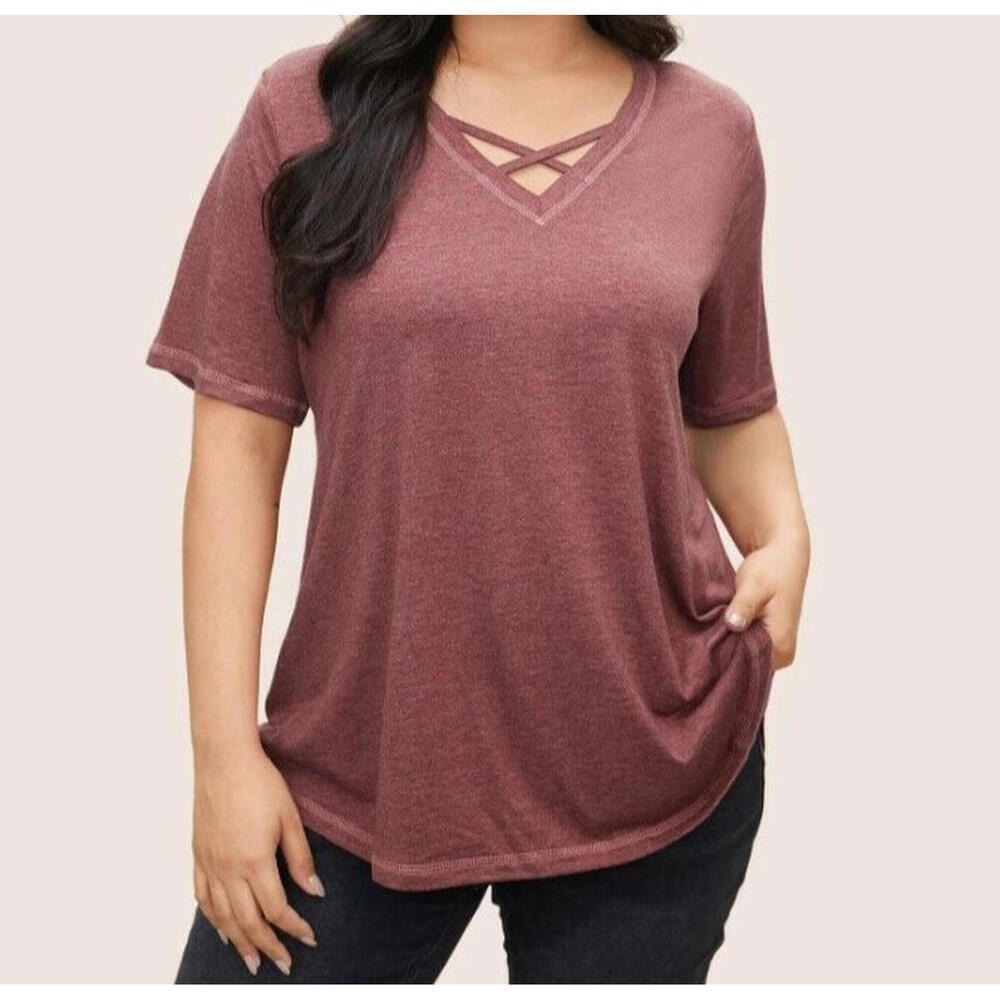 BLOOMCHIC Solid Crisscross Neck Contrast Stitch T-Shirt Top Russet Size 10M~NWT